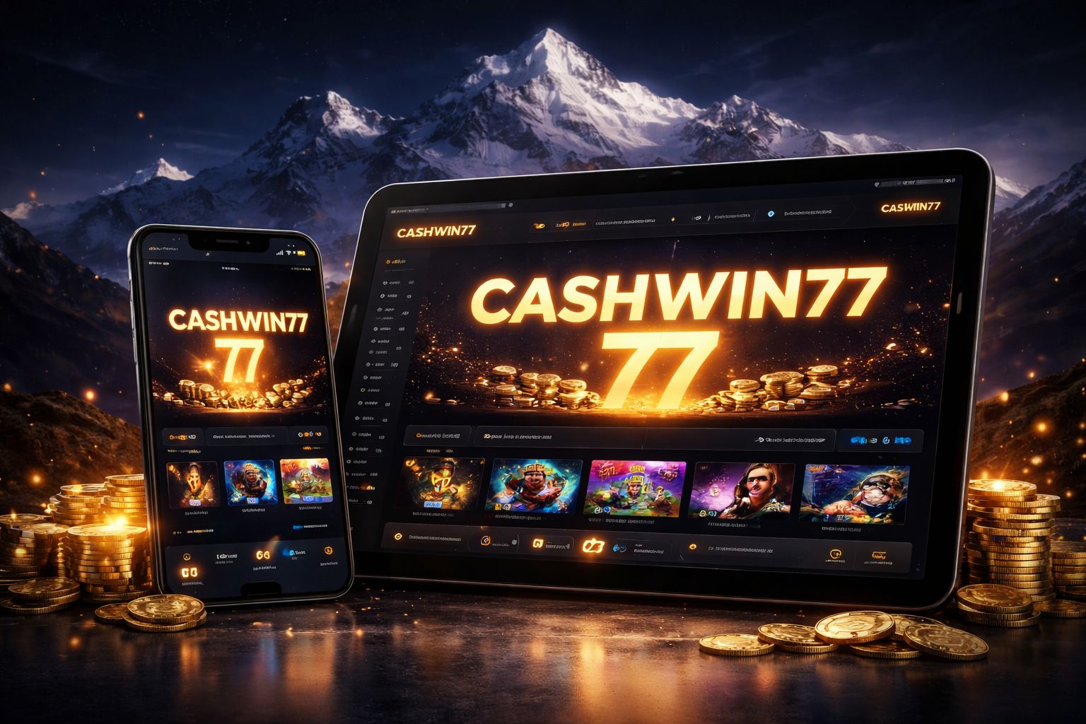 Smartphone y tableta presentando la plataforma móvil CashWin77 con una interfaz moderna y paisaje montañoso chileno detrás.