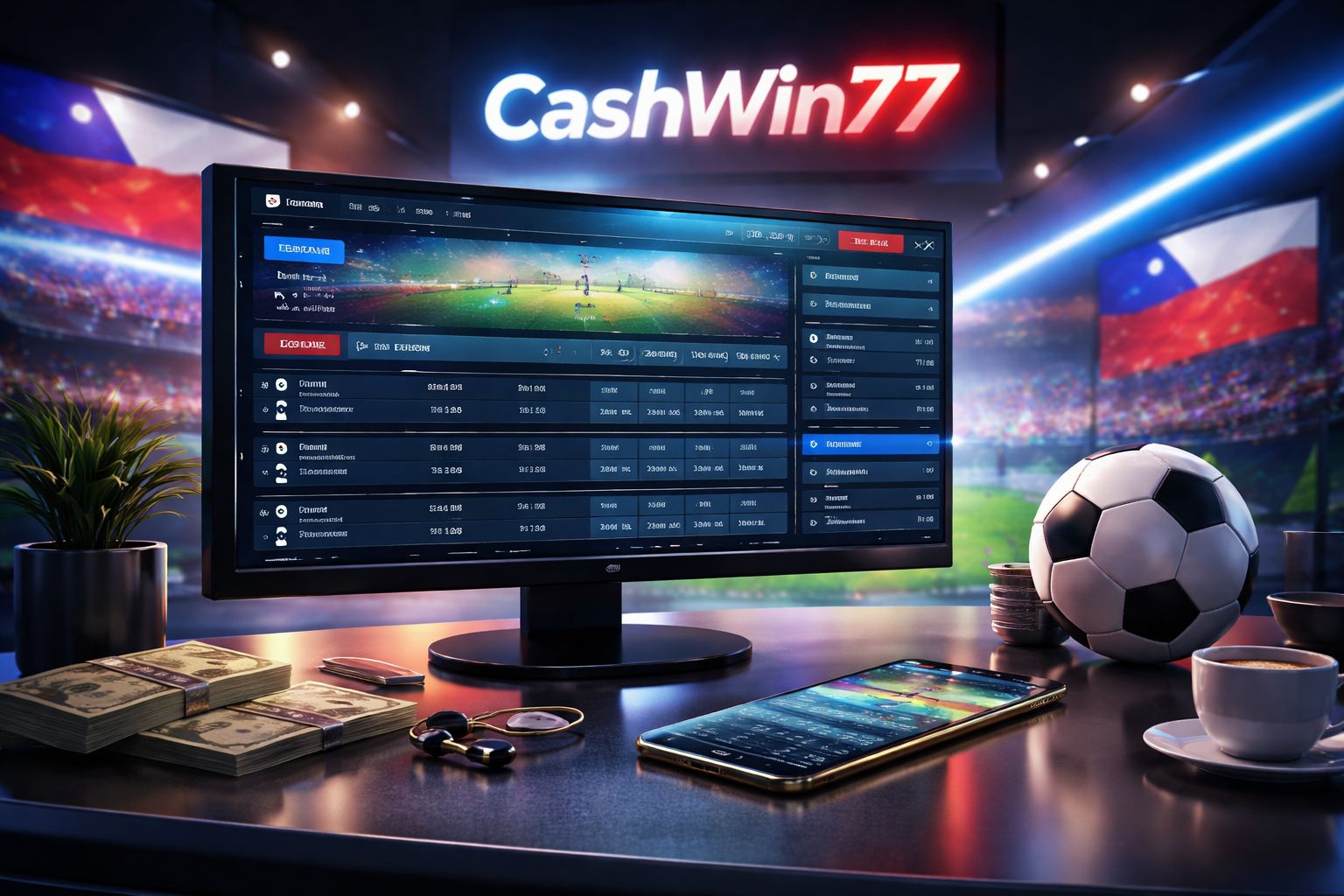 Plataforma de apuestas CashWin77 mostrada en una pantalla con gráficos de fútbol y partido en vivo en un entorno de casa de apuestas centrado en Chile.