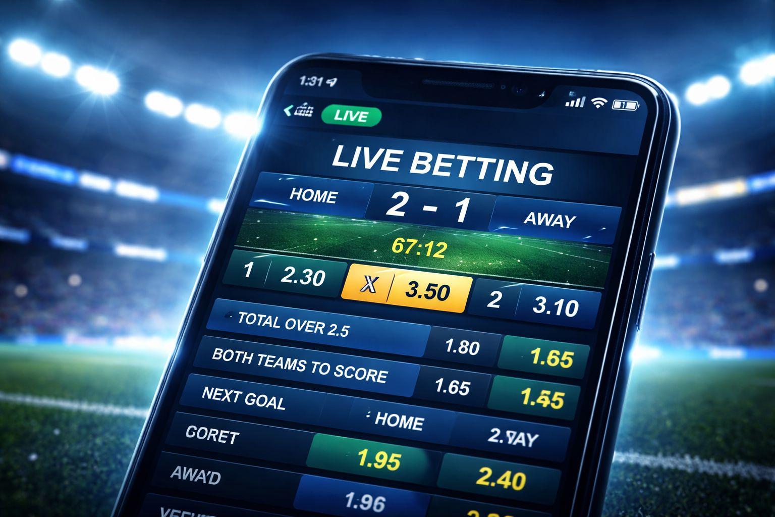 Interfaz de apuestas en vivo CashWin77 en un dispositivo mostrando estadísticas de fútbol en juego y cuotas cambiantes.