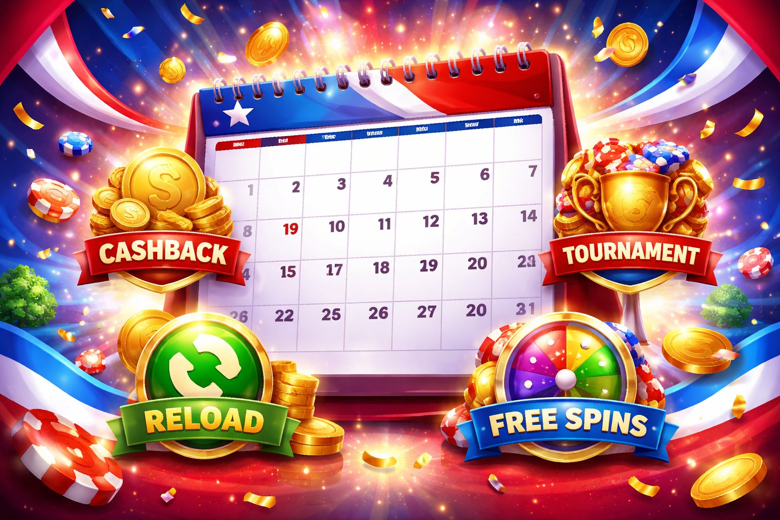 Calendario de promociones para CashWin77 destacando reembolsos, bonos de recarga y eventos de giros gratis en un tema vibrante enfocado en Chile.