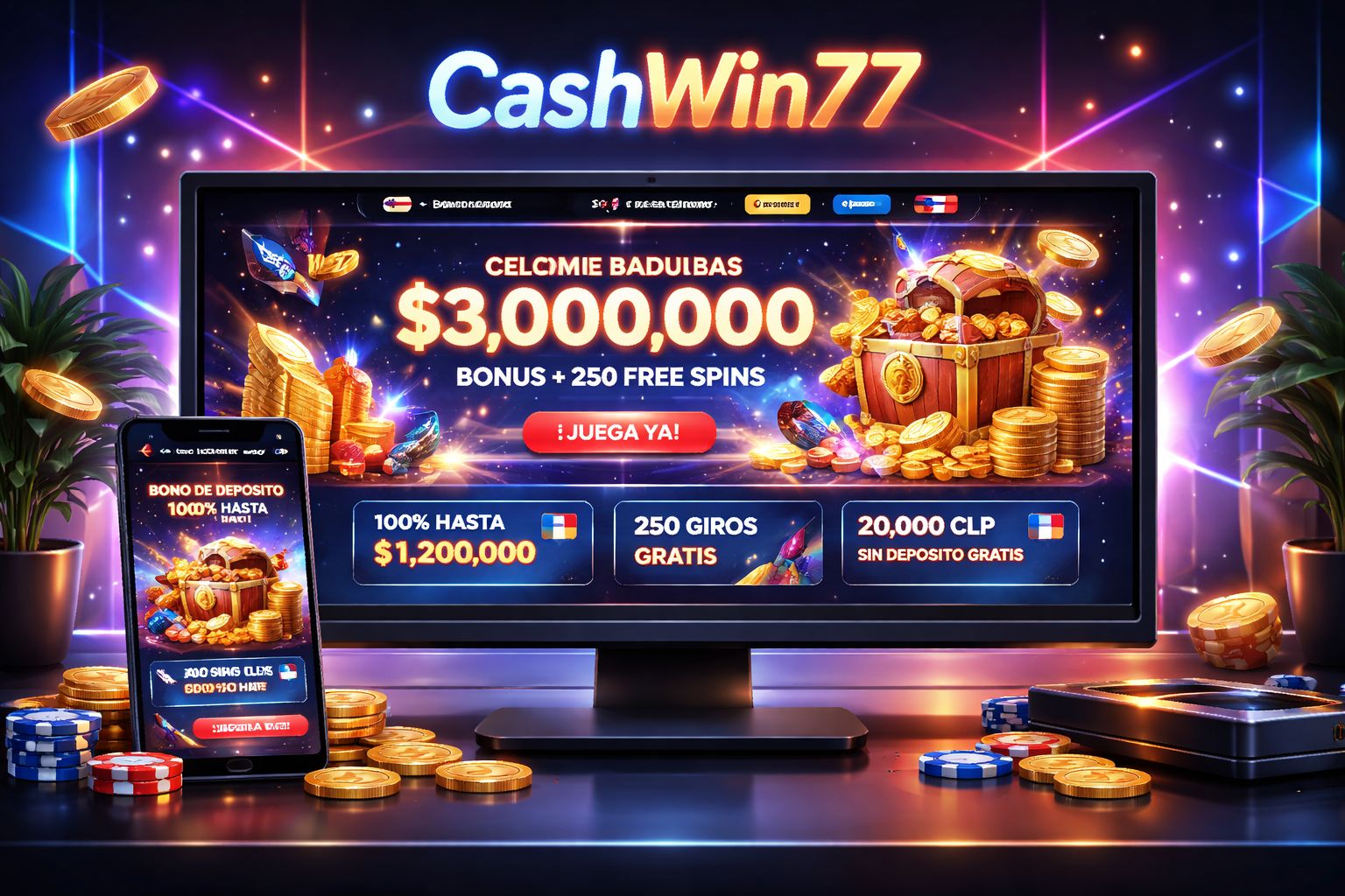 Pantalla promocional dinámica para CashWin77 en Chile con recompensas de bienvenida, reembolso y opciones de bonos en un diseño digital pulido.