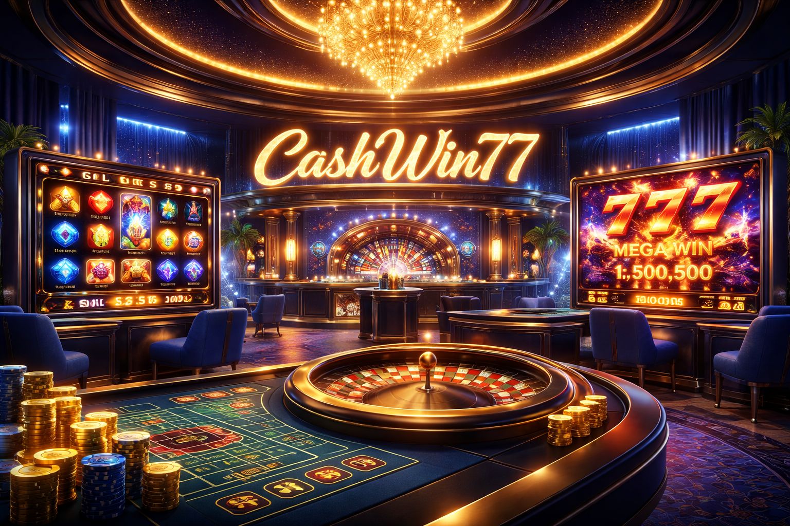 Escena elegante de casino online en CashWin77 con mesas en vivo y una interfaz de juego pulida.