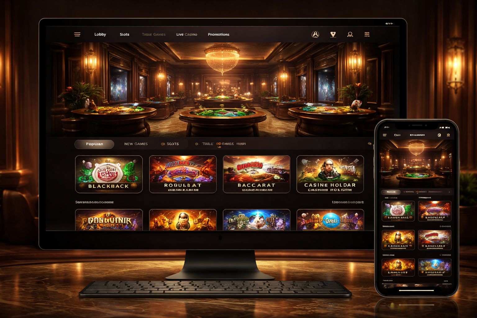 Jugador explorando el lobby del casino CashWin77 con juegos de mesa y tragamonedas en pantalla.