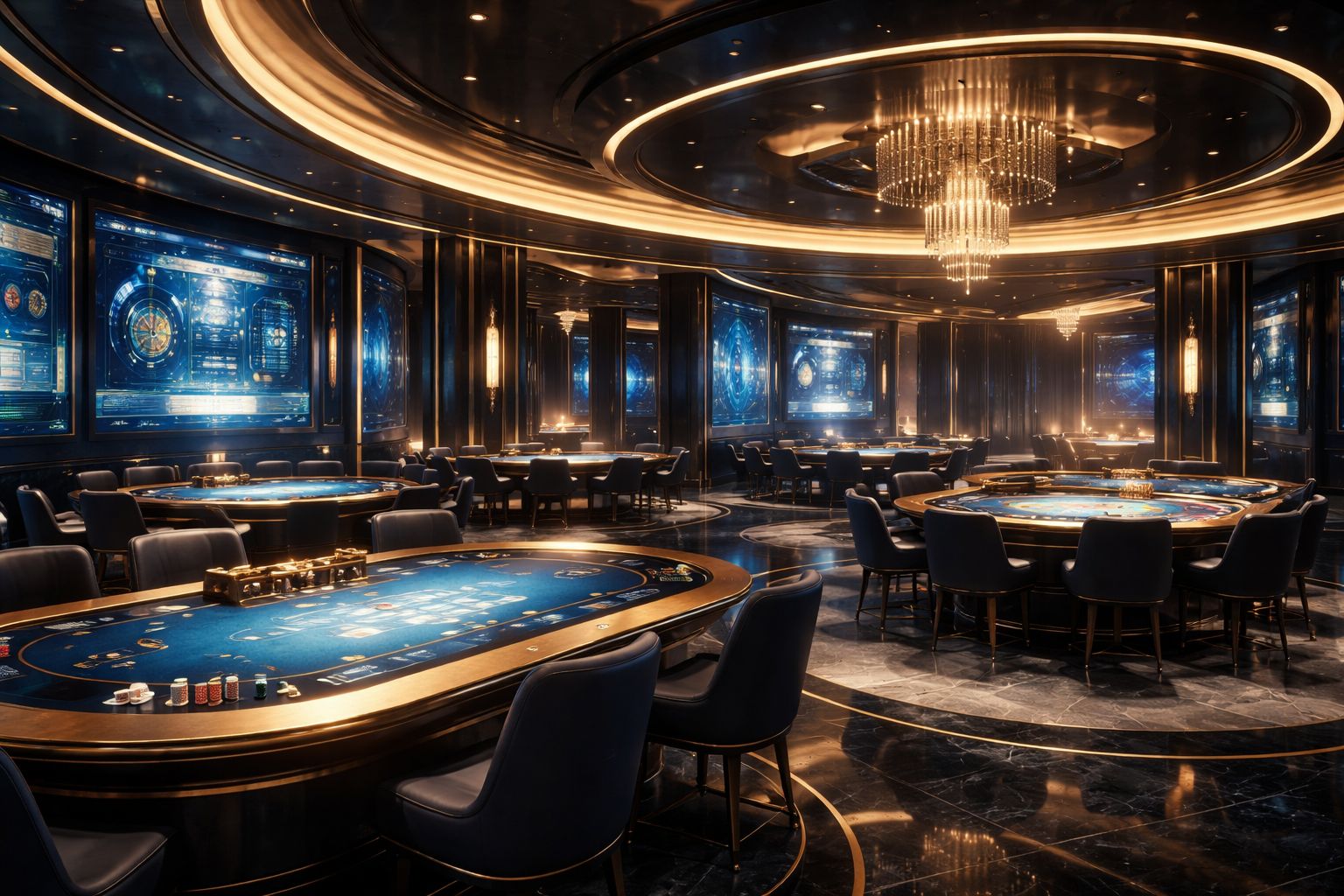 Ambiente elegante de casino en vivo CashWin77 con mesas, pantallas y una atmósfera digital premium.