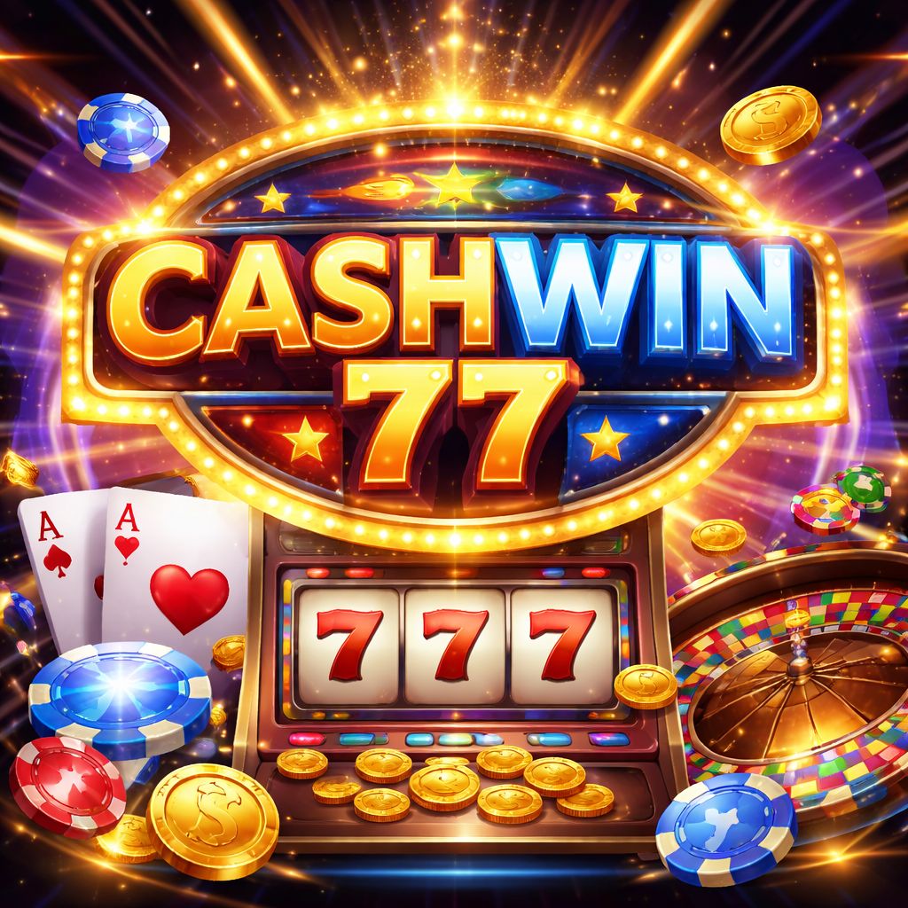 Escena digital colorida de juego con CashWin77 mostrado prominentemente en una pantalla de casino brillante rodeada de cartas, fichas y símbolos de tragamonedas.