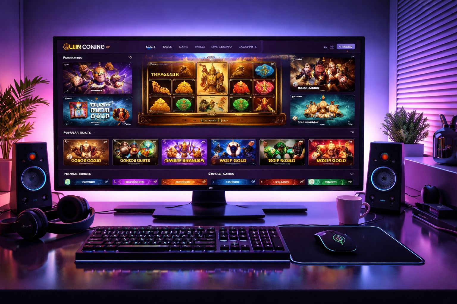 Panel moderno de casino en línea de CashWin77 mostrando múltiples categorías de juegos en una interfaz digital elegante.