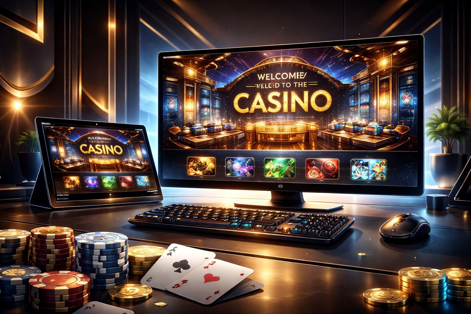 Configuración elegante de juego con contenido de casino CashWin77 en múltiples pantallas con iluminación pulida y una atmósfera premium.