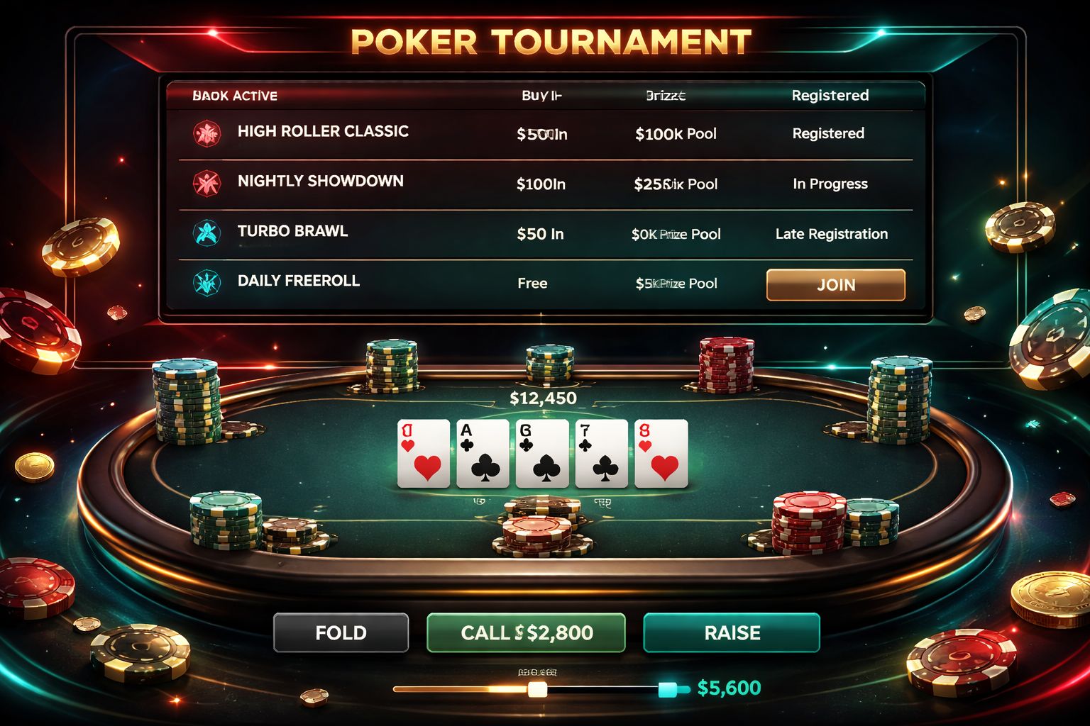 Mesa digital de póker con fichas, cartas y detalles del lobby de torneos