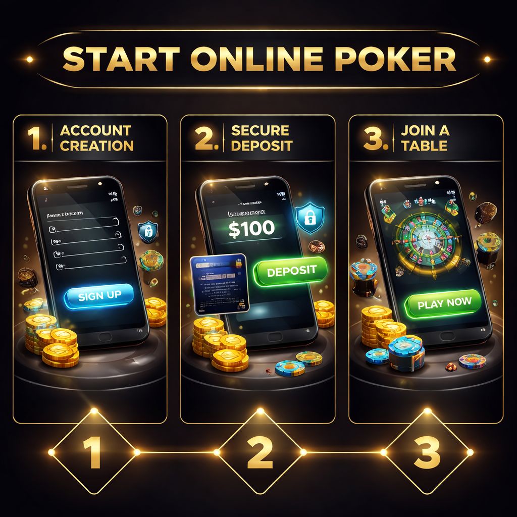 Interfaz móvil mostrando registro y pasos de juego de póker CashWin77