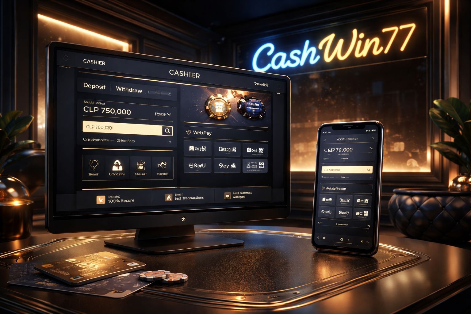 Página de pagos CashWin77 con opciones de depósito y retiro para usuarios chilenos