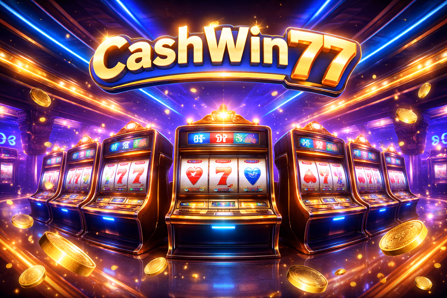 Rodillos de tragamonedas brillantes en una pantalla premium de casino con símbolos luminosos y chispas de monedas.