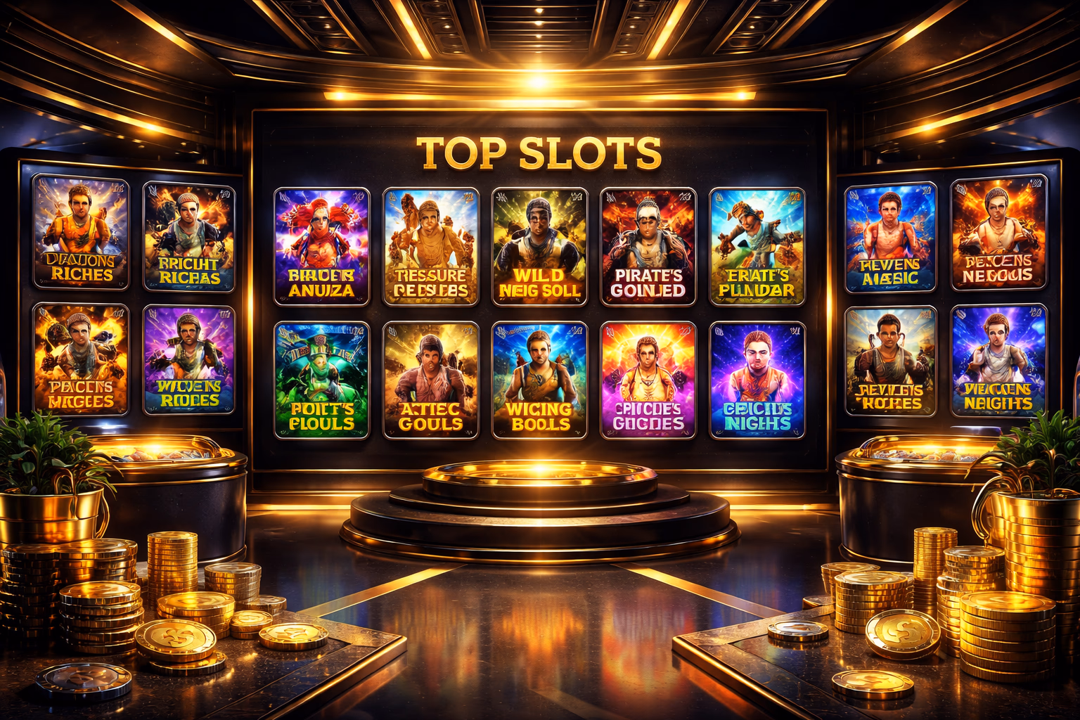 Pantalla de catálogo curado de tragamonedas con categorías coloridas y navegación fácil en una plataforma de casino.